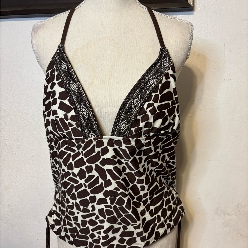 Brown and White Asymmetrical Camisole Swim Top